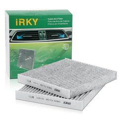iRKY cabin air filter front packaging showing product and two-pack, benefits quick replacement