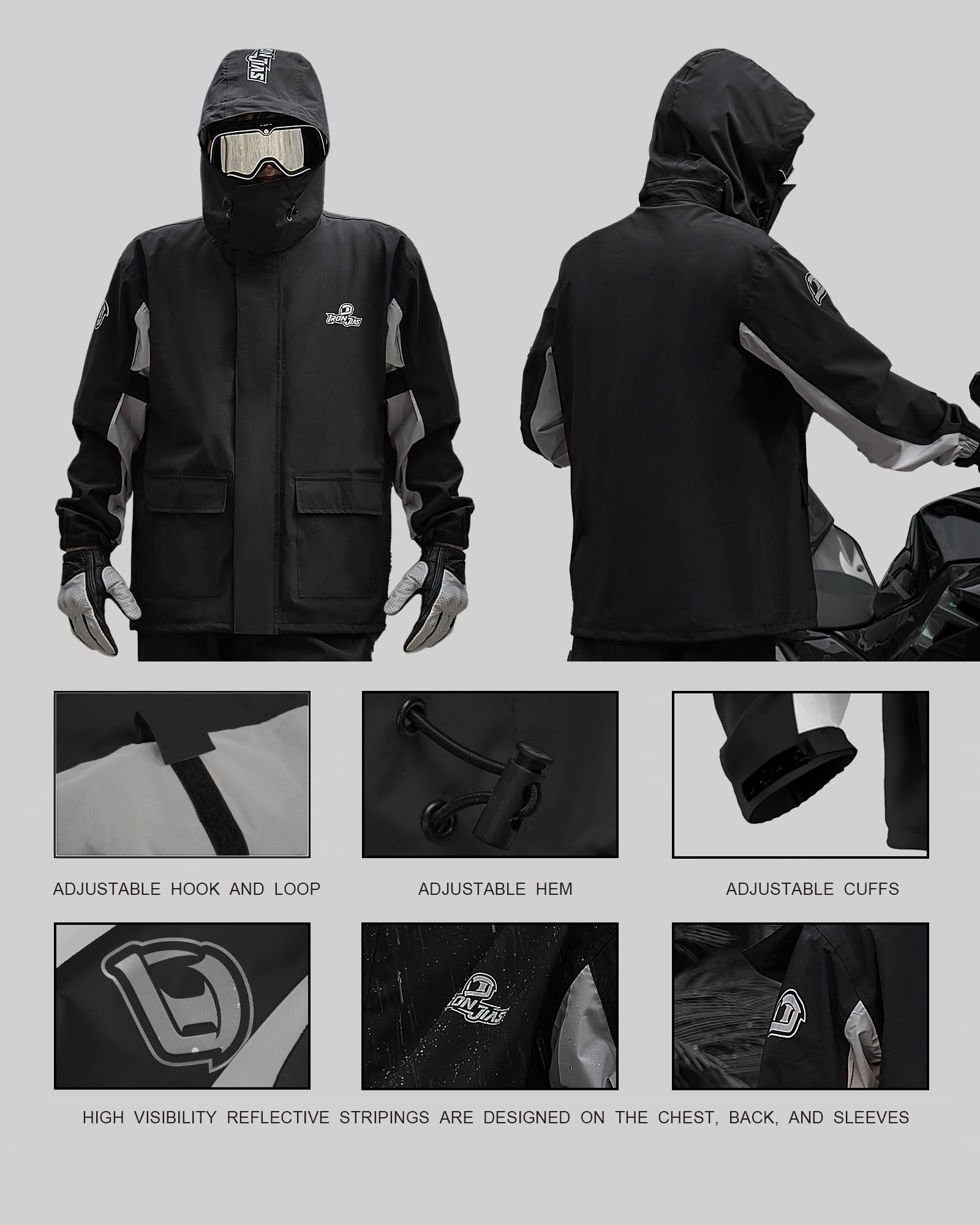 IRON JIA'S detachable hood and collar demonstrating adjustable protection and comfort