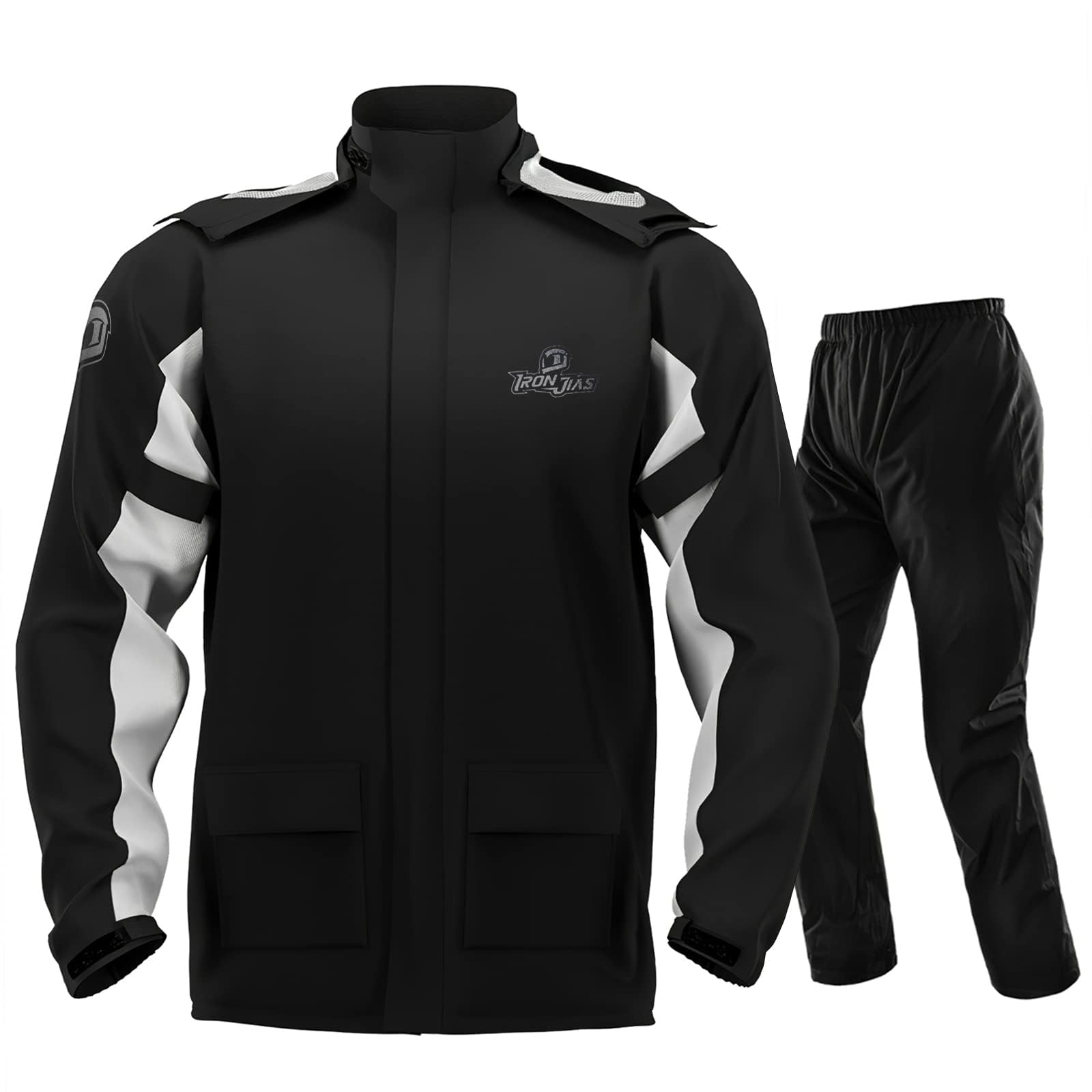 IRON JIA'S front jacket view showing full coverage and waterproof fit for protection
