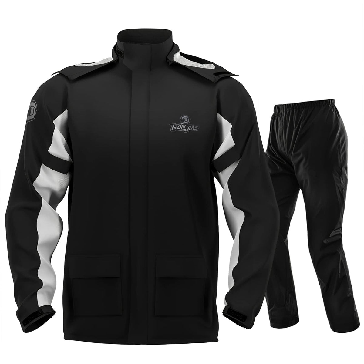 IRON JIA'S front jacket view showing full coverage and waterproof fit for protection