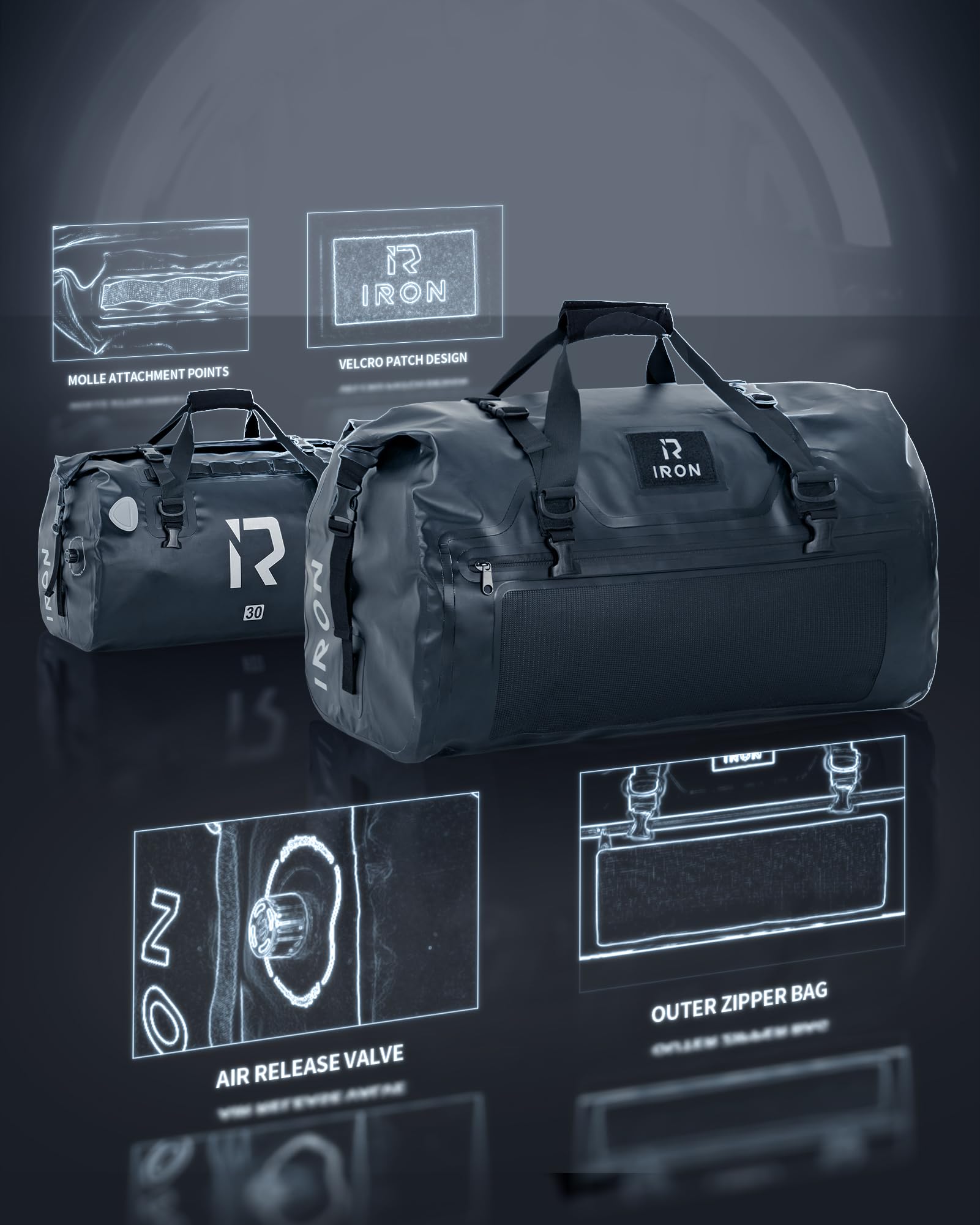 IRON JIA'S external mesh pockets and MOLLE points for organized gear
