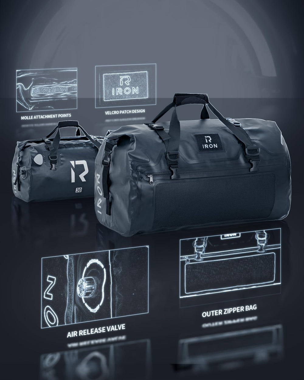 IRON JIA'S external mesh pockets and MOLLE points for organized gear