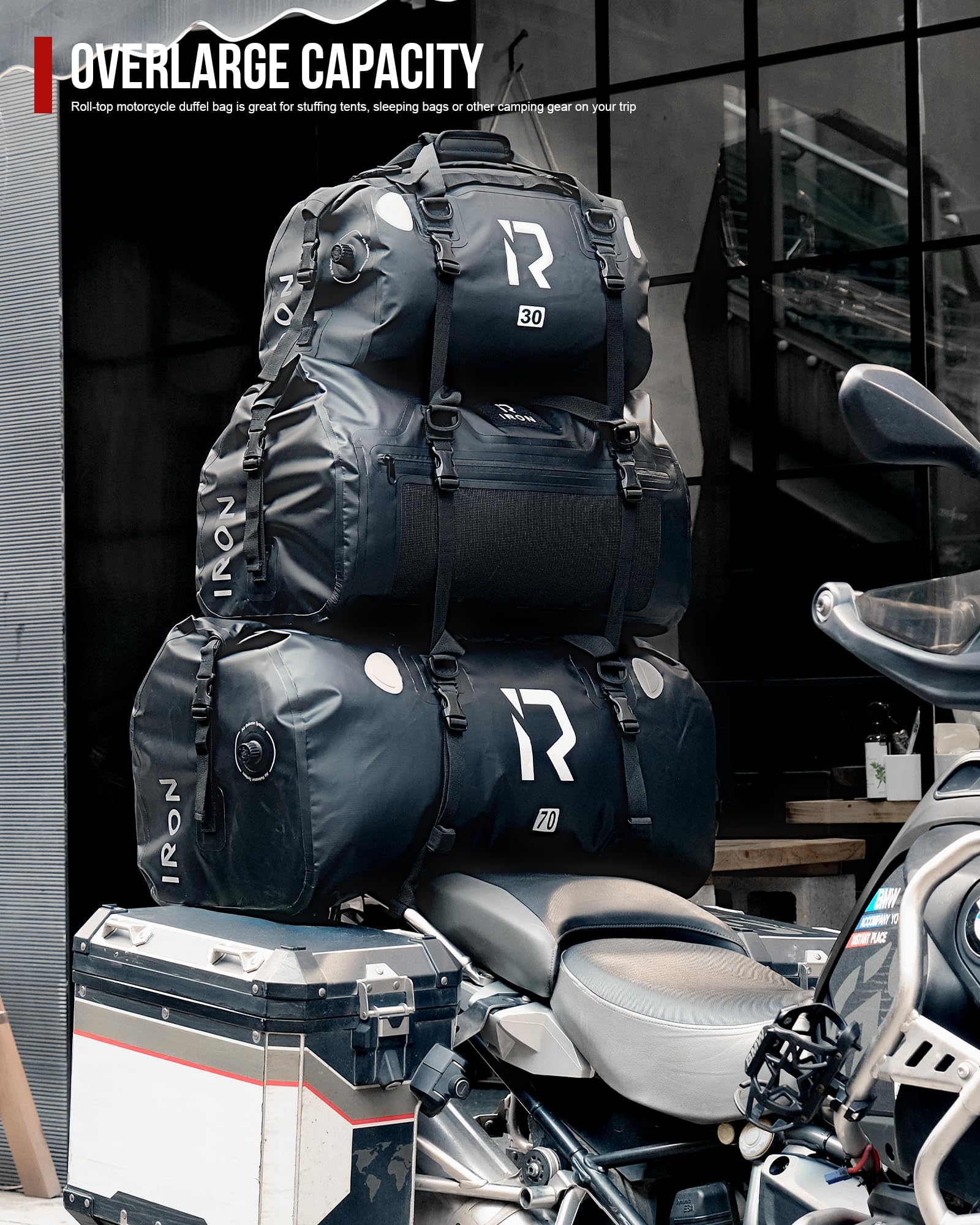 IRON JIA'S mounted on motorcycle rack for stable on-bike storage