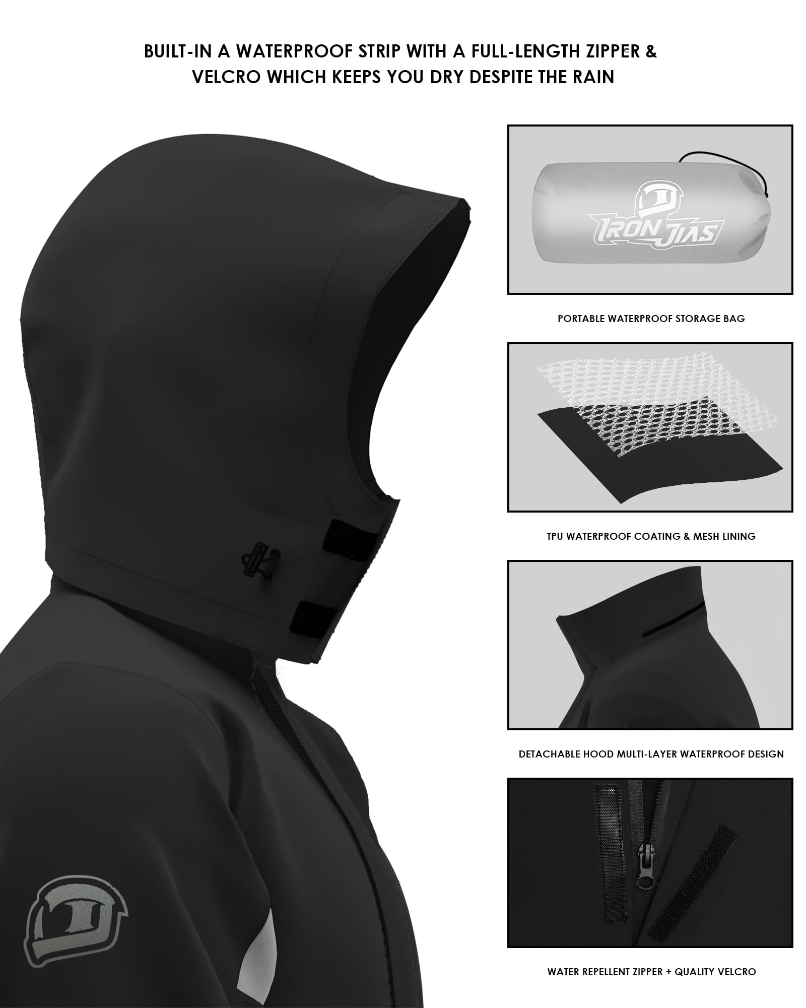 IRON JIA'S zipper and seal closeup showing three-layer waterproof closure for leak prevention
