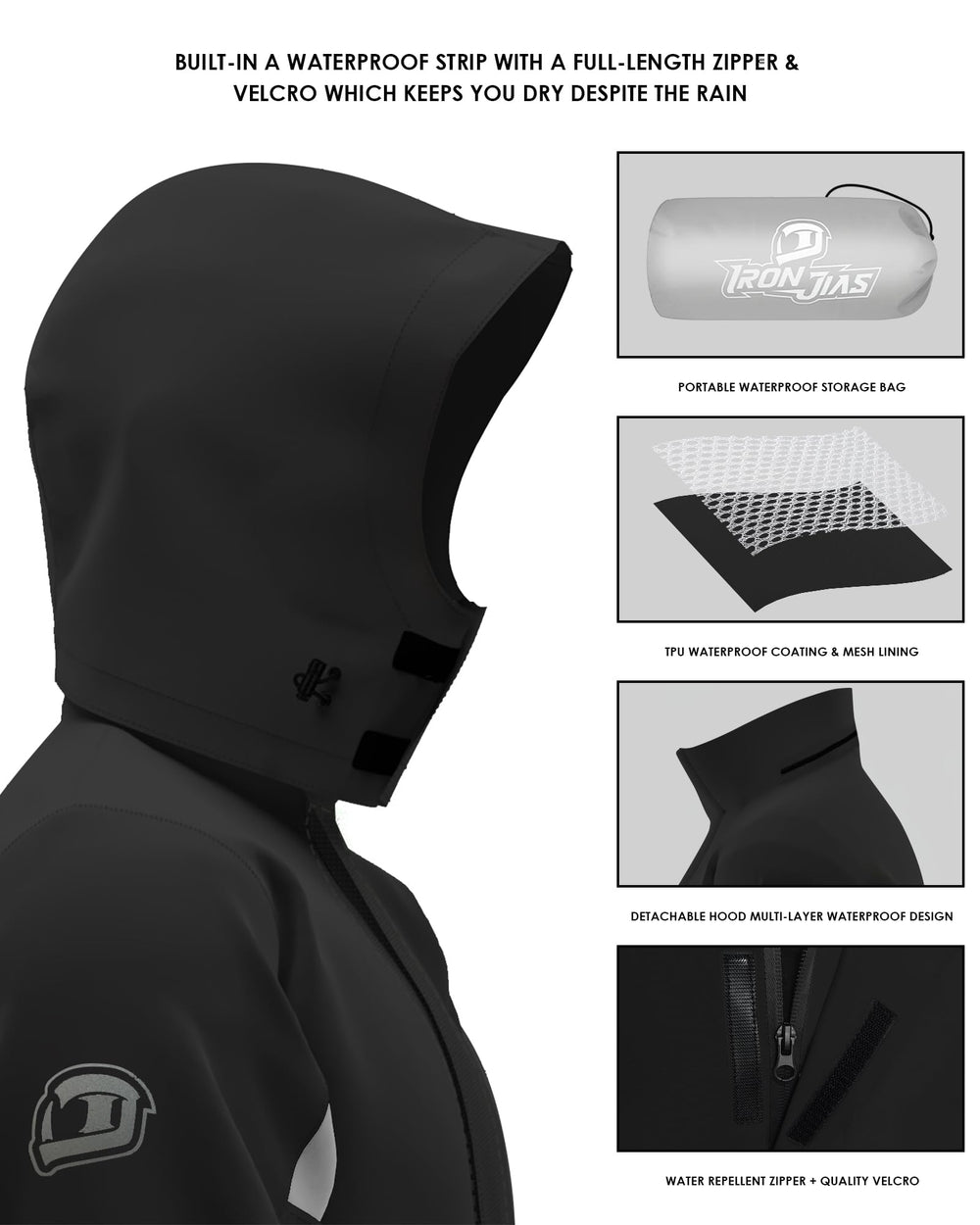 IRON JIA'S zipper and seal closeup showing three-layer waterproof closure for leak prevention