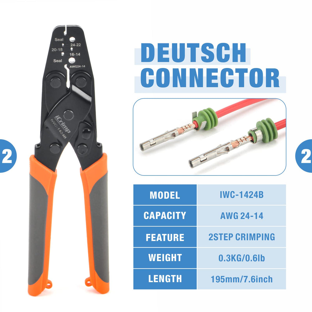 IWISS Weather Pack crimper side view showing ergonomic shape and consistent crimps