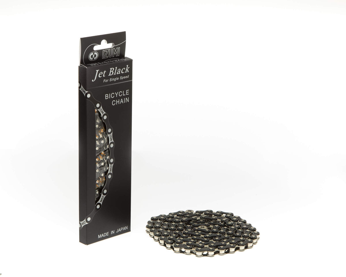 Izumi chain front packaging showing jet black and silver finish and 116 links