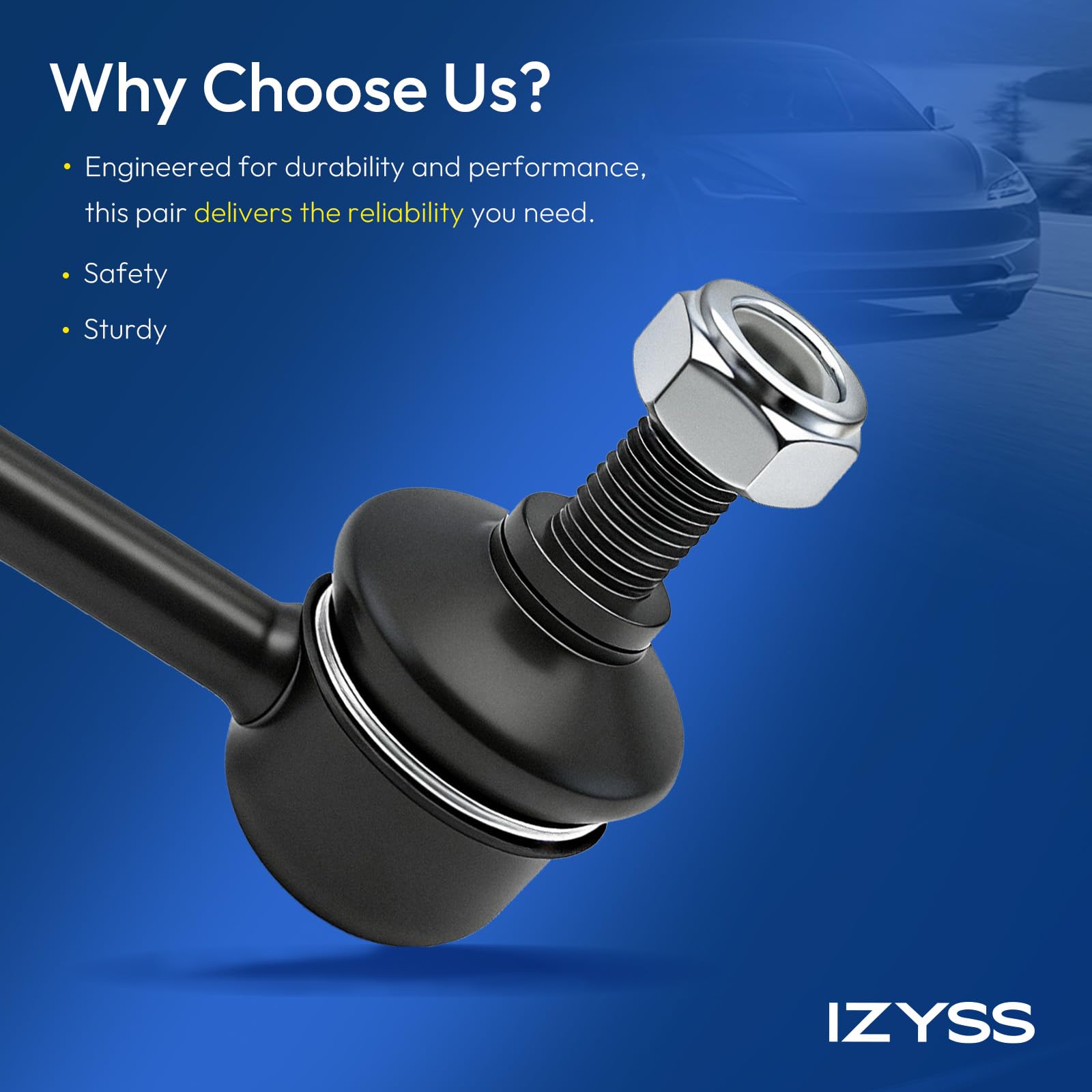 IZYSS sway link bushing detail highlighting rubber seat for quieter ride