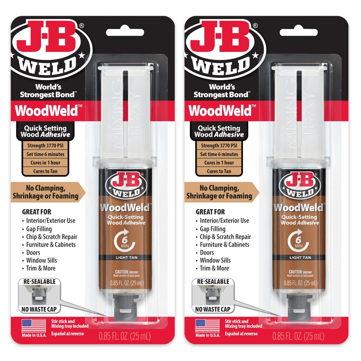 J-B Weld WoodWeld front pack showing twin 25ml syringes and label, quick repair benefit