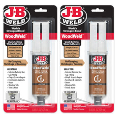 J-B Weld WoodWeld front pack showing twin 25ml syringes and label, quick repair benefit