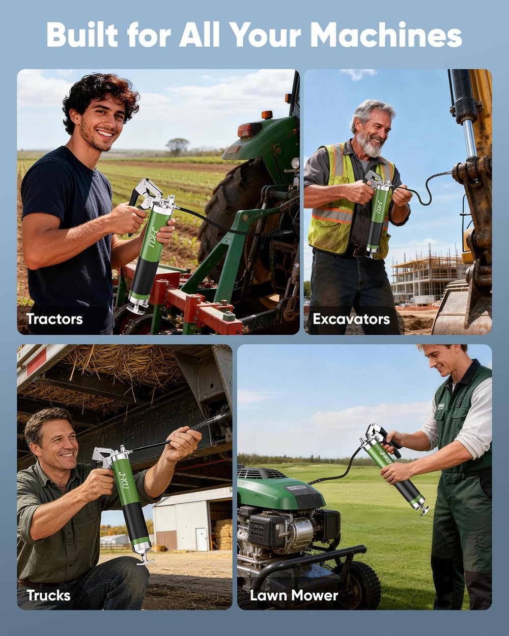 J-KU grease gun in use on tractor bearing illustrating effective on-equipment lubrication