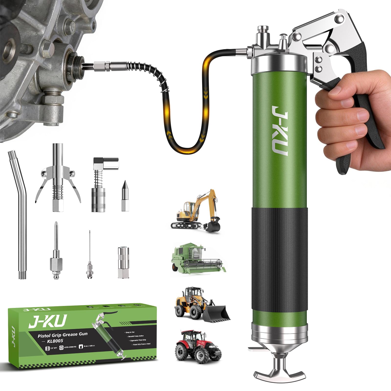J-KU front profile grease gun showing compact durable body and portability benefit