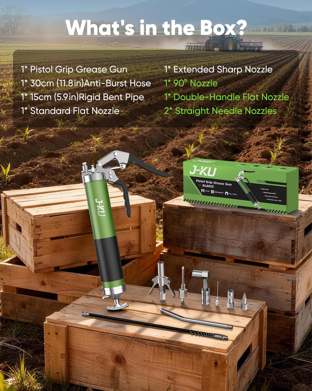 J-KU grease gun beside ruler size comparison showing compact design and portability