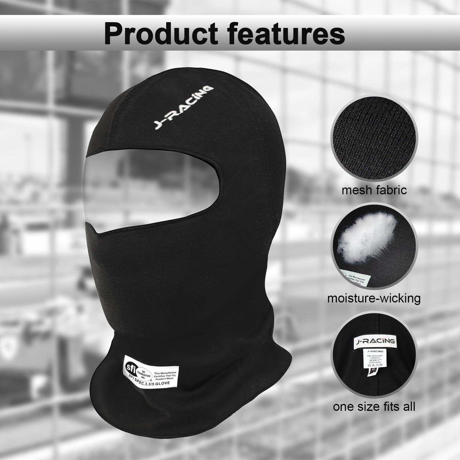 J-RACING balaclava worn under racing helmet demonstrating low-bulk comfort