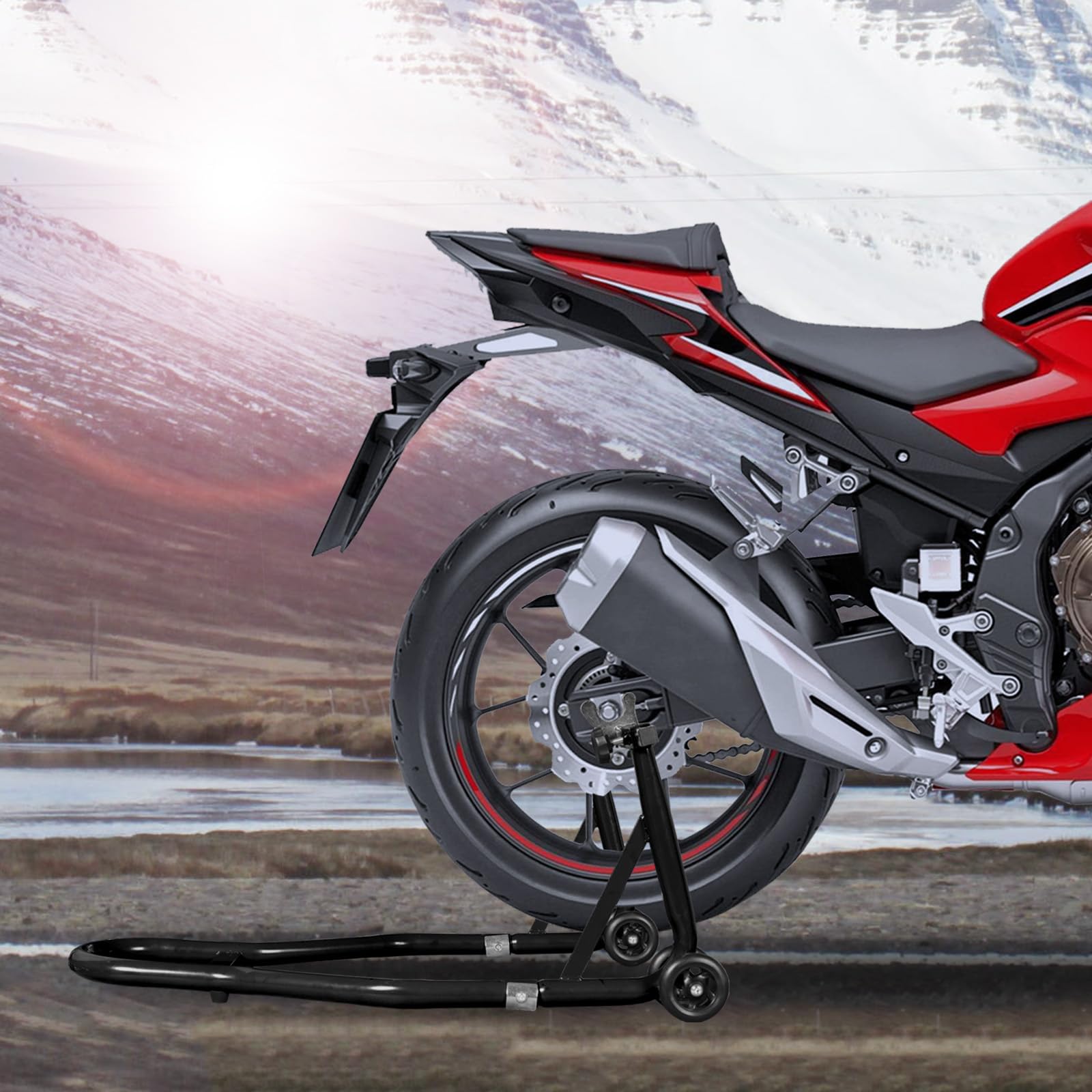 Jack Boss combo stands under sport bike in garage for easy home repairs