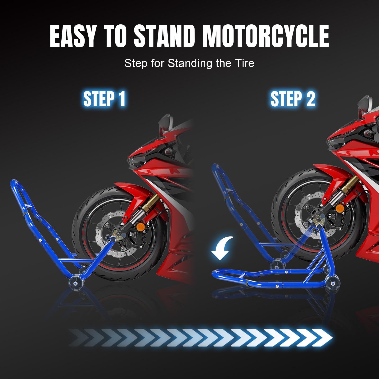 Jack Boss stands lifting a sport bike for maintenance accessibility