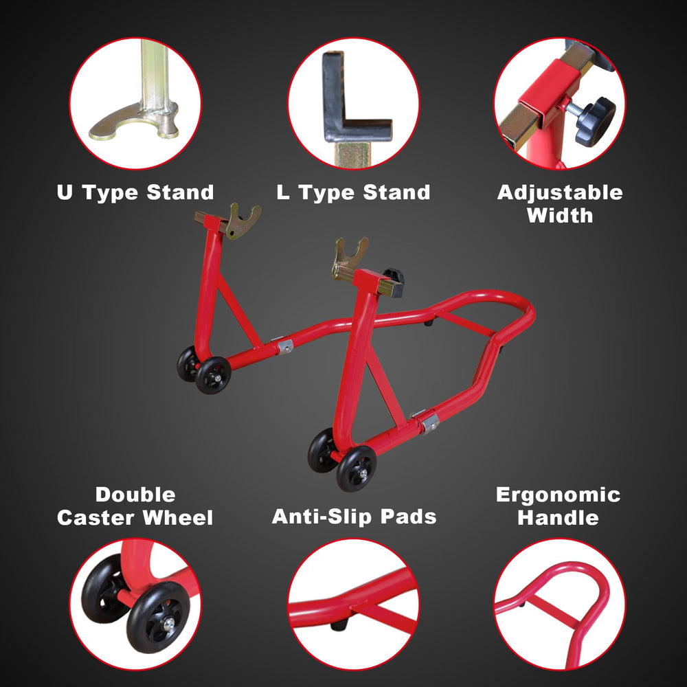 Jack Boss stand supporting a sport bike in garage for easier maintenance