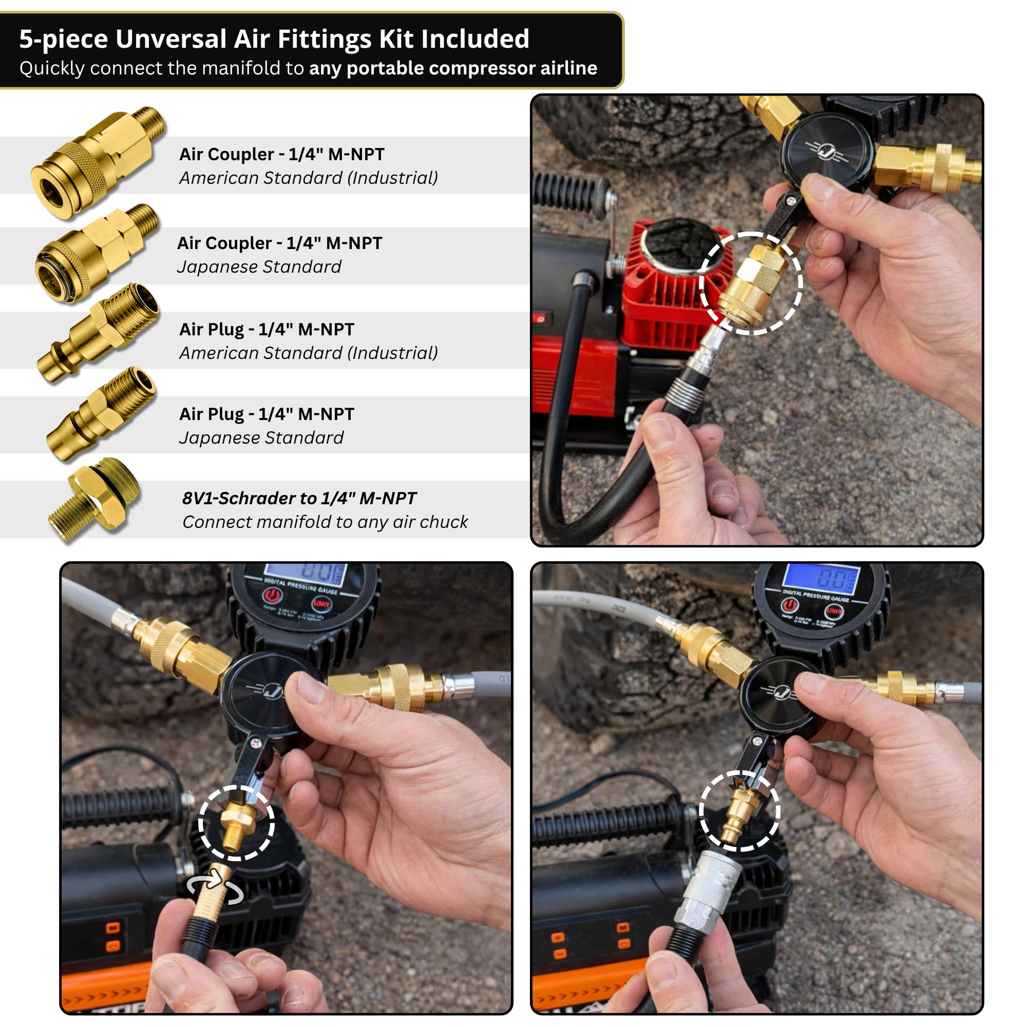 JACO compressor fittings and thread seal tape for universal connection