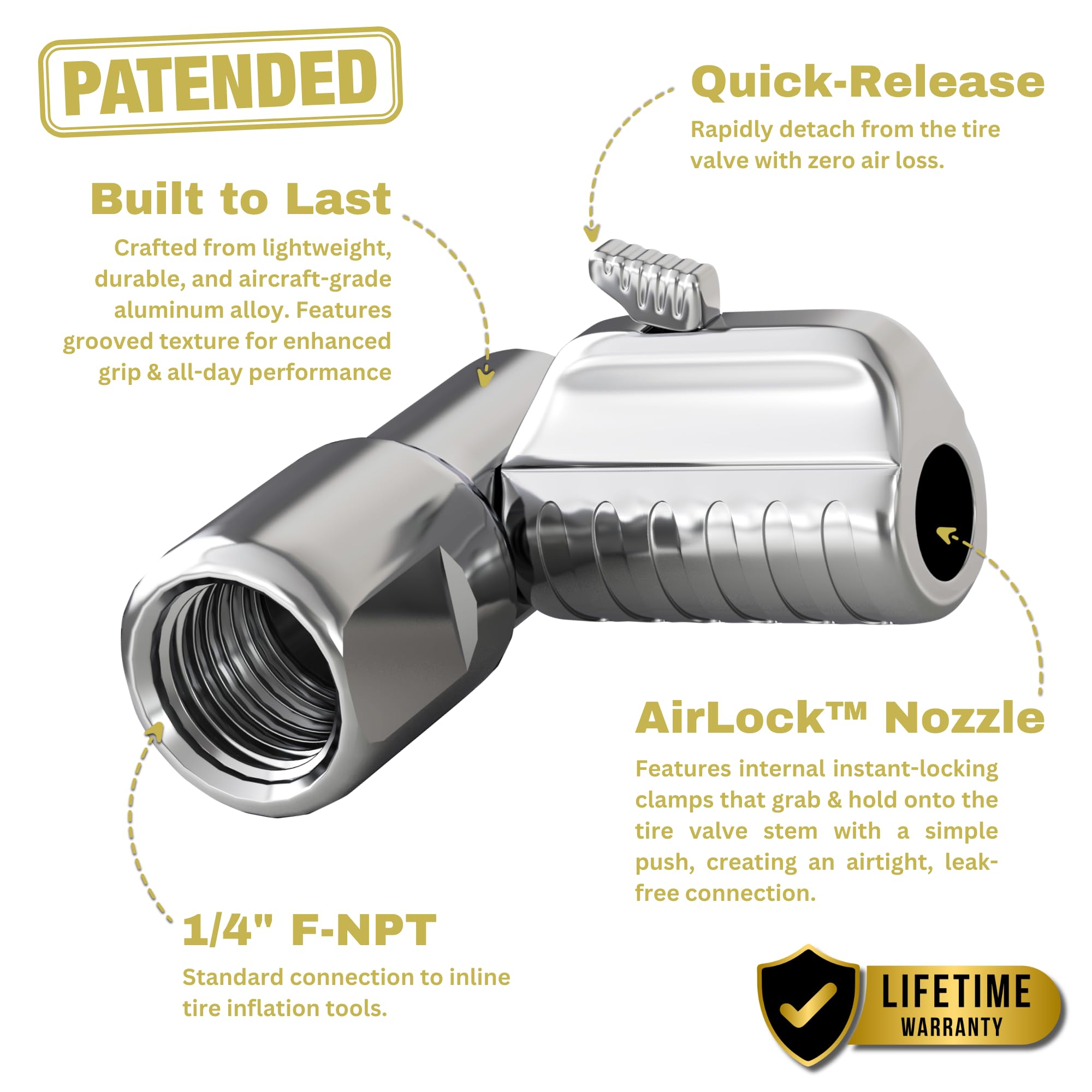 JACO Lightning L2 connection detail highlighting 1/4 inch F-NPT thread for easy gauge attachment