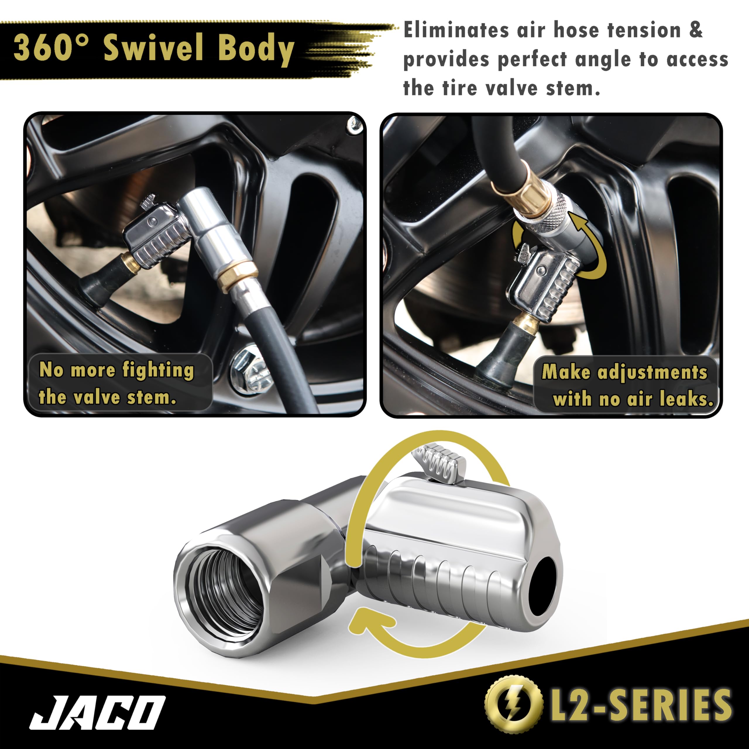 JACO Lightning L2 attached to a tire valve demonstrating fast secure seal during inflation