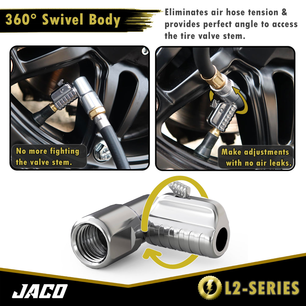 JACO Lightning L2 attached to a tire valve demonstrating fast secure seal during inflation