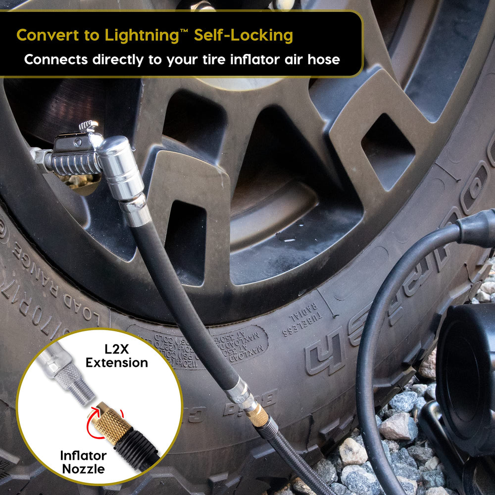 JACO Lightning L2X push-to-connect chuck closeup showing quick-release button and benefit zero air loss