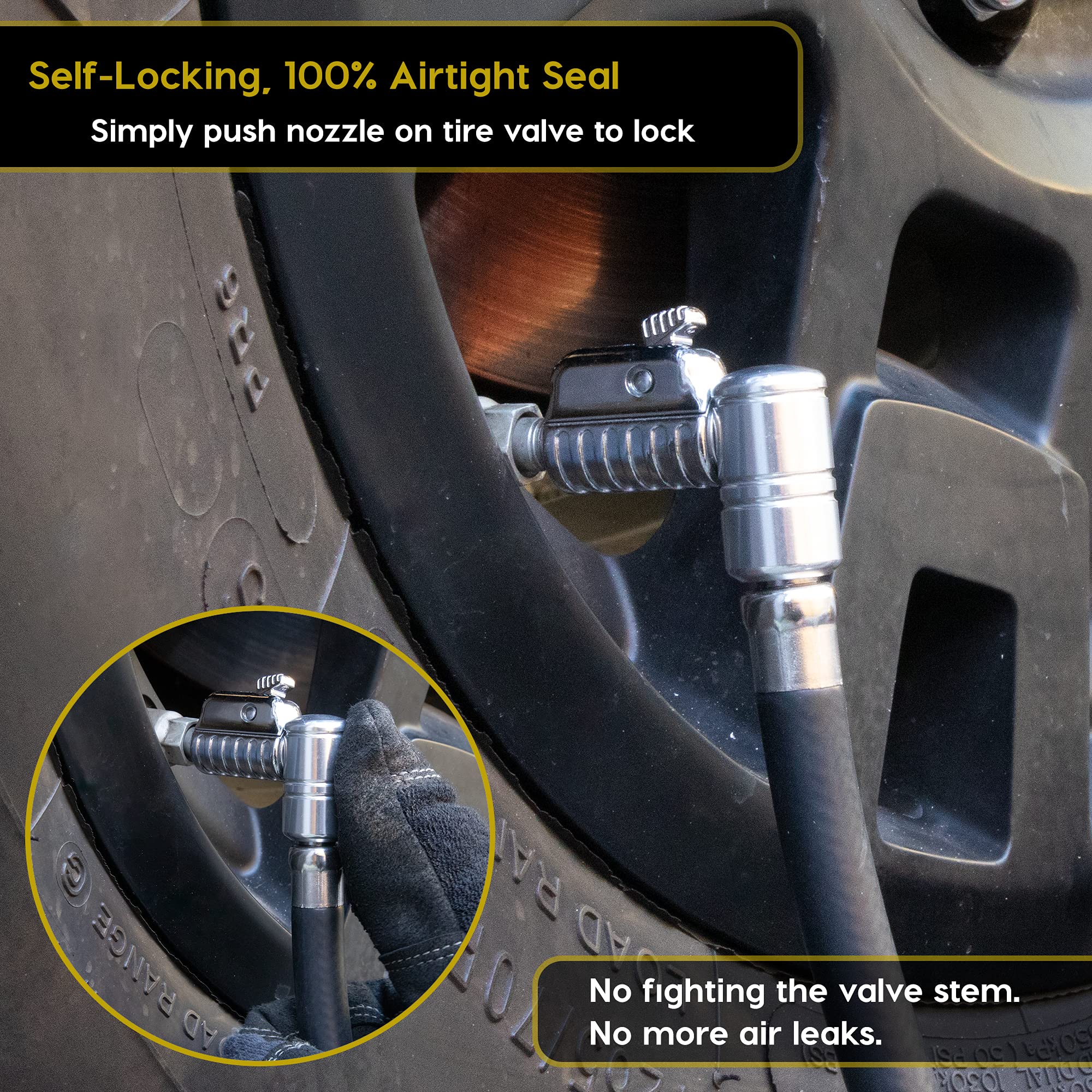 JACO Lightning L2X swivel joint top view showing dual 360-degree swivel and benefit prevents hose kinks