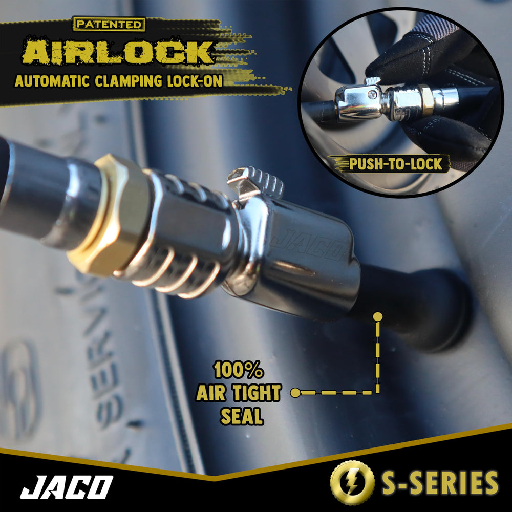 JACO chuck attached to tire valve illustrating quick-release, zero loss benefit