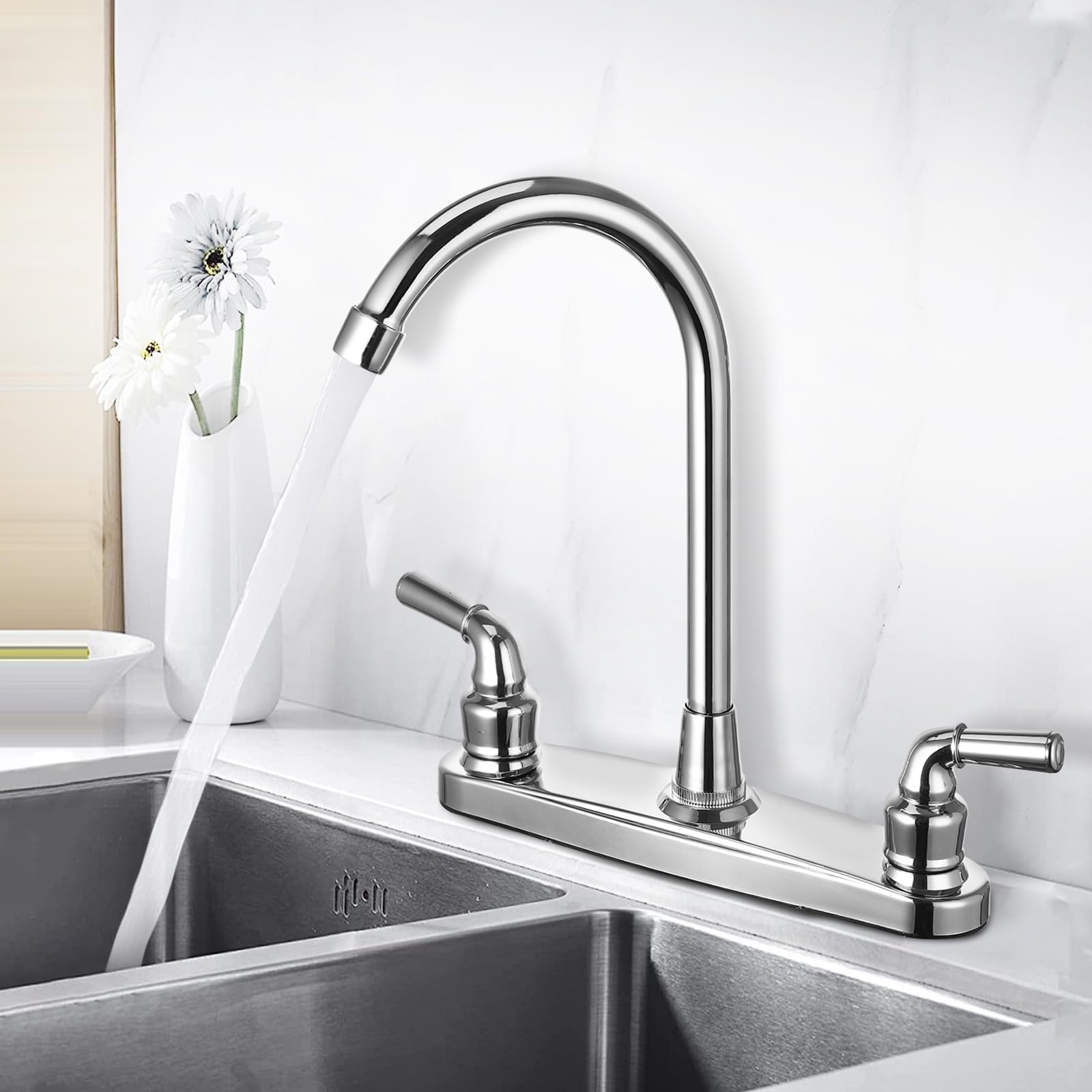 JAKARDA close-up of high-arch spout highlighting chrome finish and easy cleaning