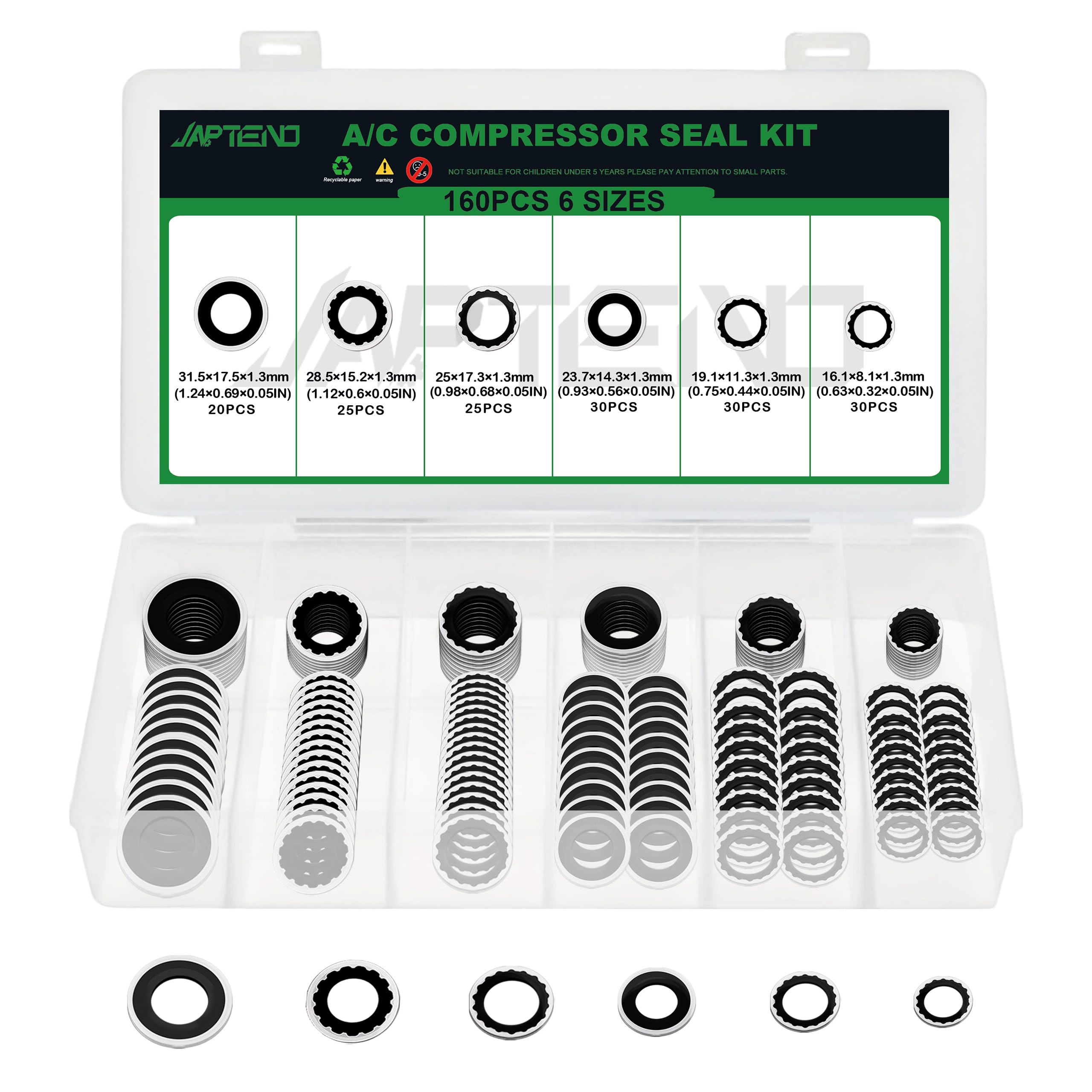 Japtend front packaging showing full 160-piece A/C washer kit and benefits