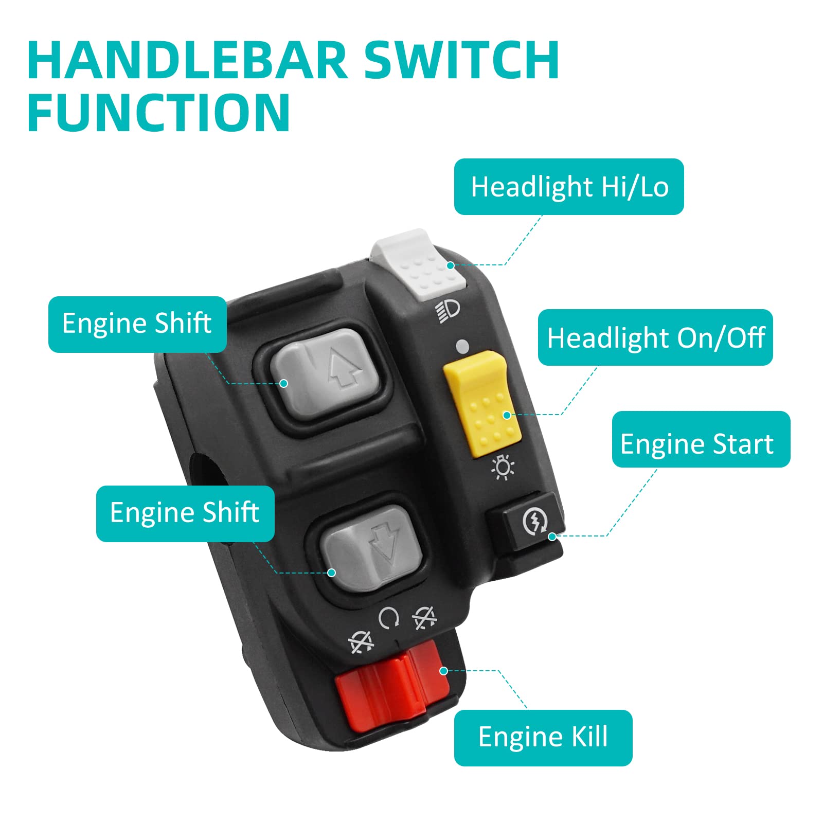 JAVIK close-up of buttons showing start kill and headlight markings for easy operation