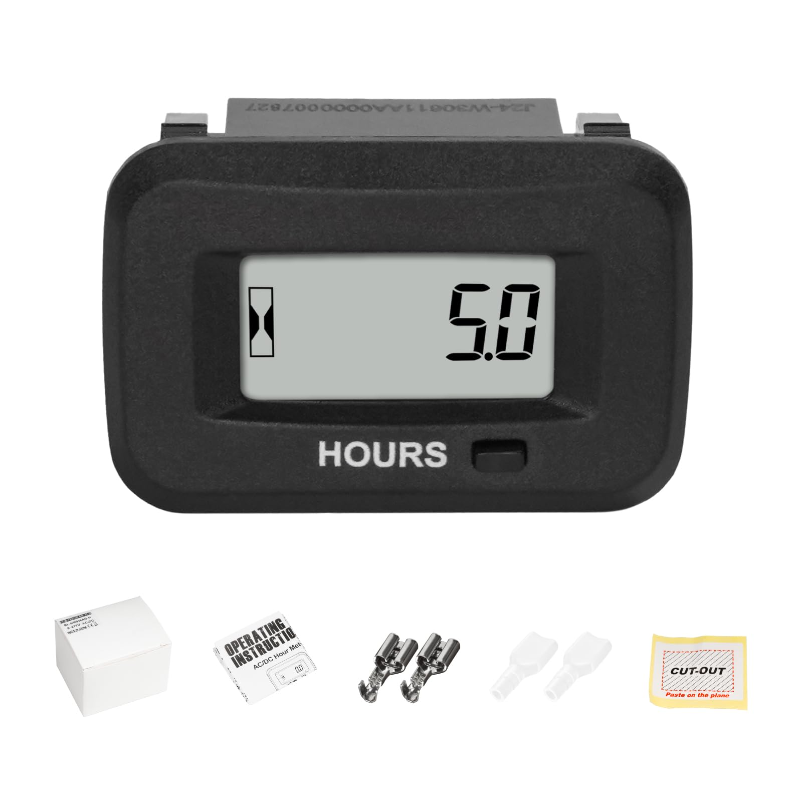 Jayron hour meter front panel showing LCD and sealed bezel for clear readings