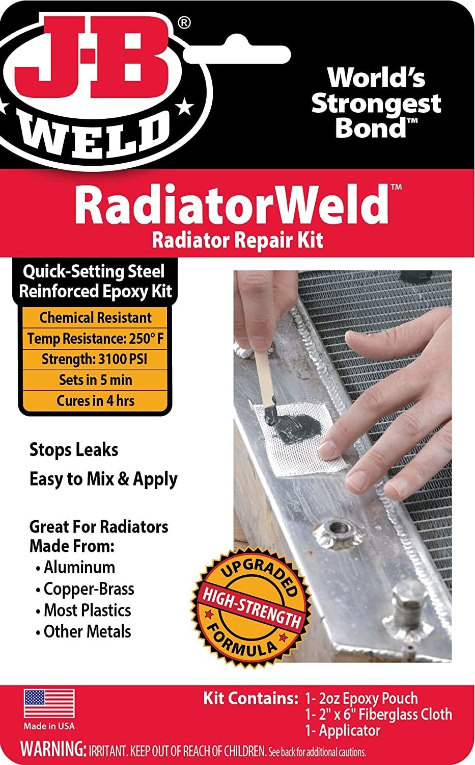 J-B Weld 2120 front packaging showing kit components for fast leak repair