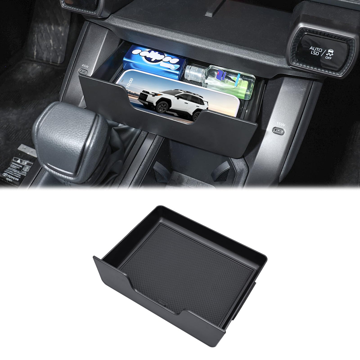 JDMCAR front view of console drawer showing flush fit and neat storage benefit