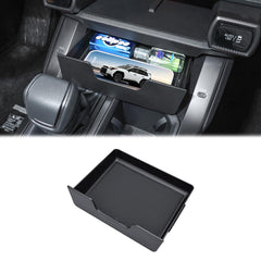 JDMCAR front view of console drawer showing flush fit and neat storage benefit
