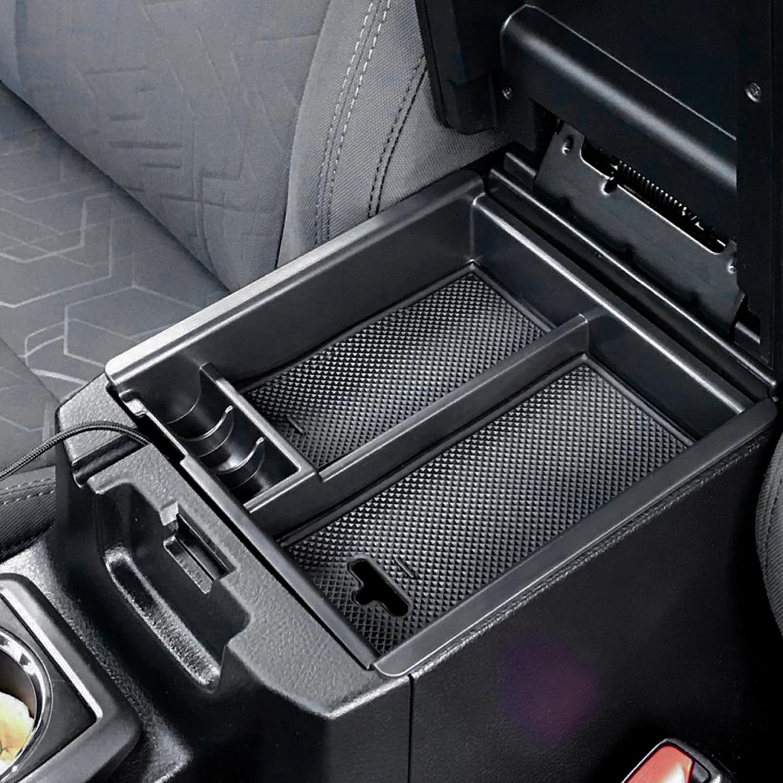 JDMCAR front view of organizer showing three compartments and tidy storage benefits