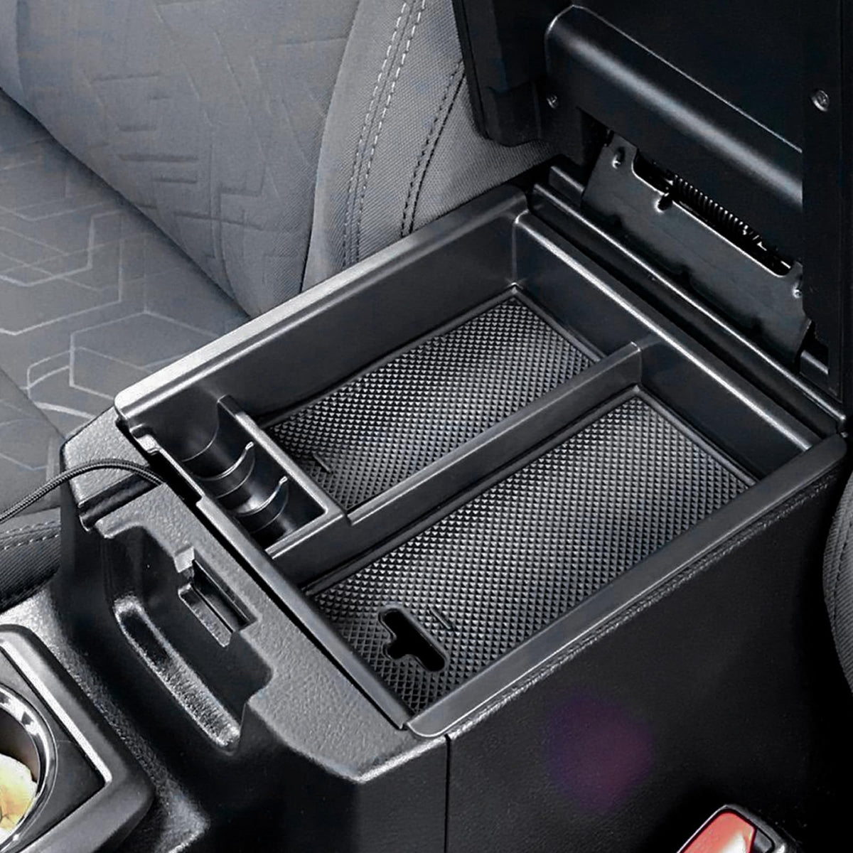 JDMCAR front view of organizer showing three compartments and tidy storage benefits