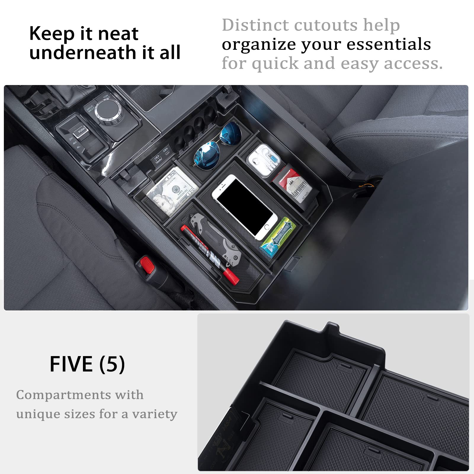 JDMCAR close-up of removable rubber liners reducing noise and protecting items