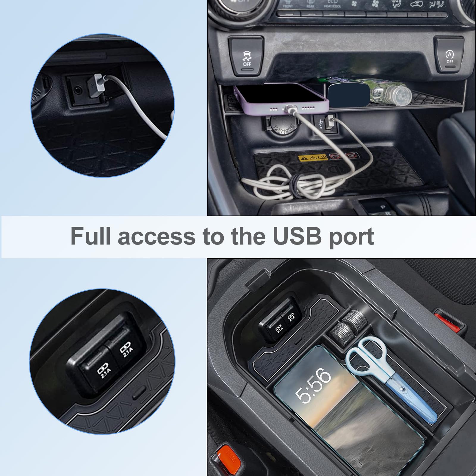 JDMCAR detail showing tray preserves USB port access for convenient charging