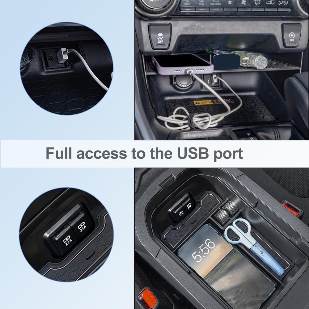 JDMCAR detail showing tray preserves USB port access for convenient charging