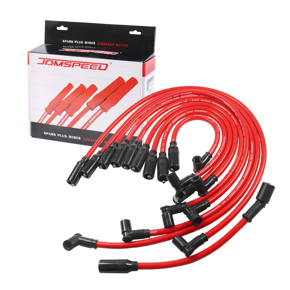 JDMSPEED front view of red spark plug wire set showing complete kit and benefits