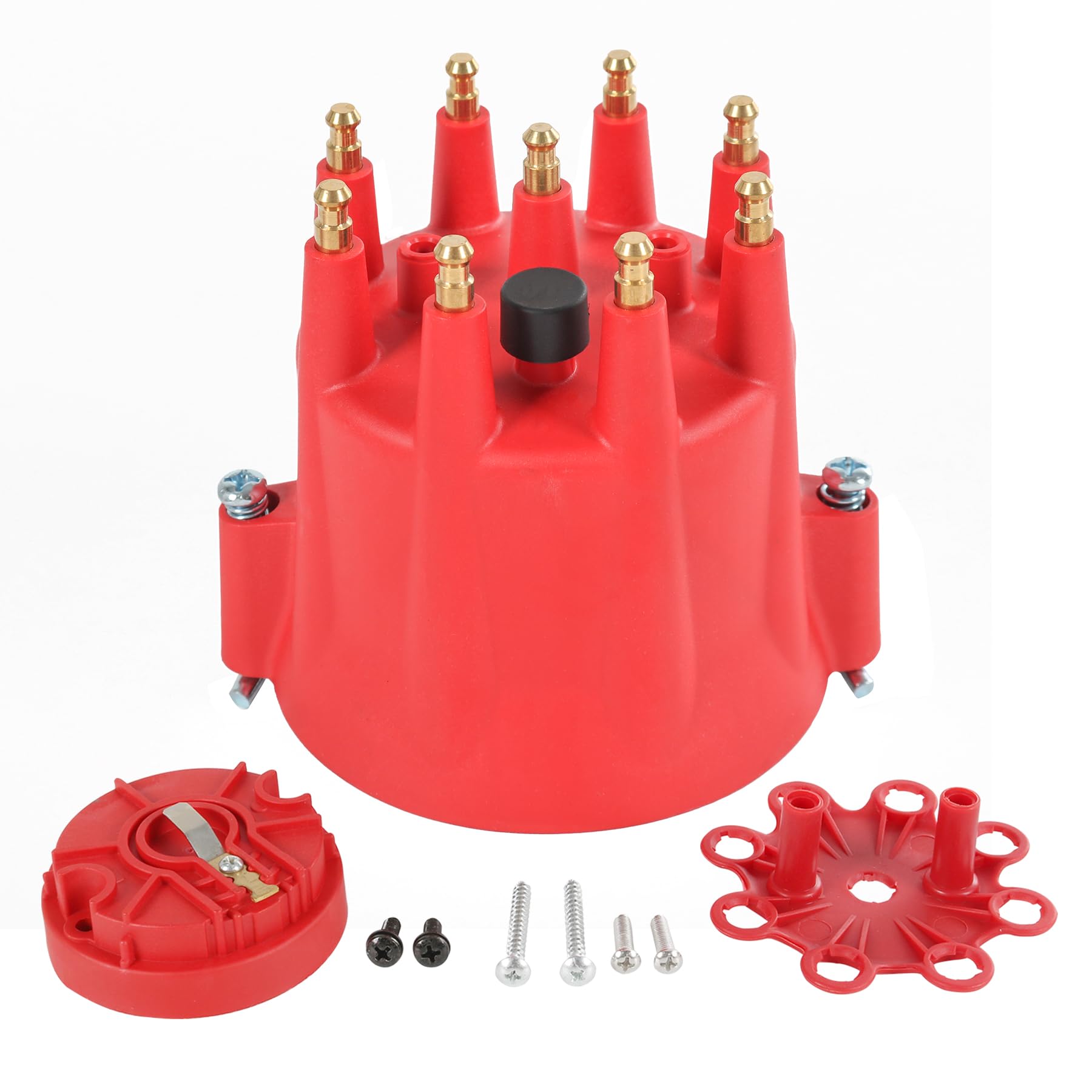 JDMSPEED front view of red distributor cap and rotor showing shape and terminals for easy identification