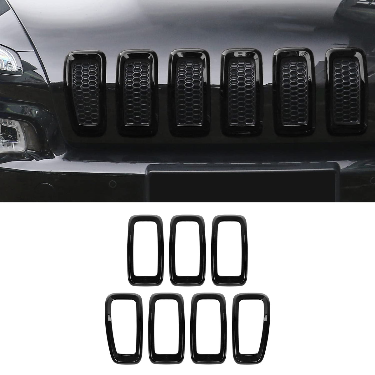 JeCar front grill inserts installed on Cherokee showing sleek updated look