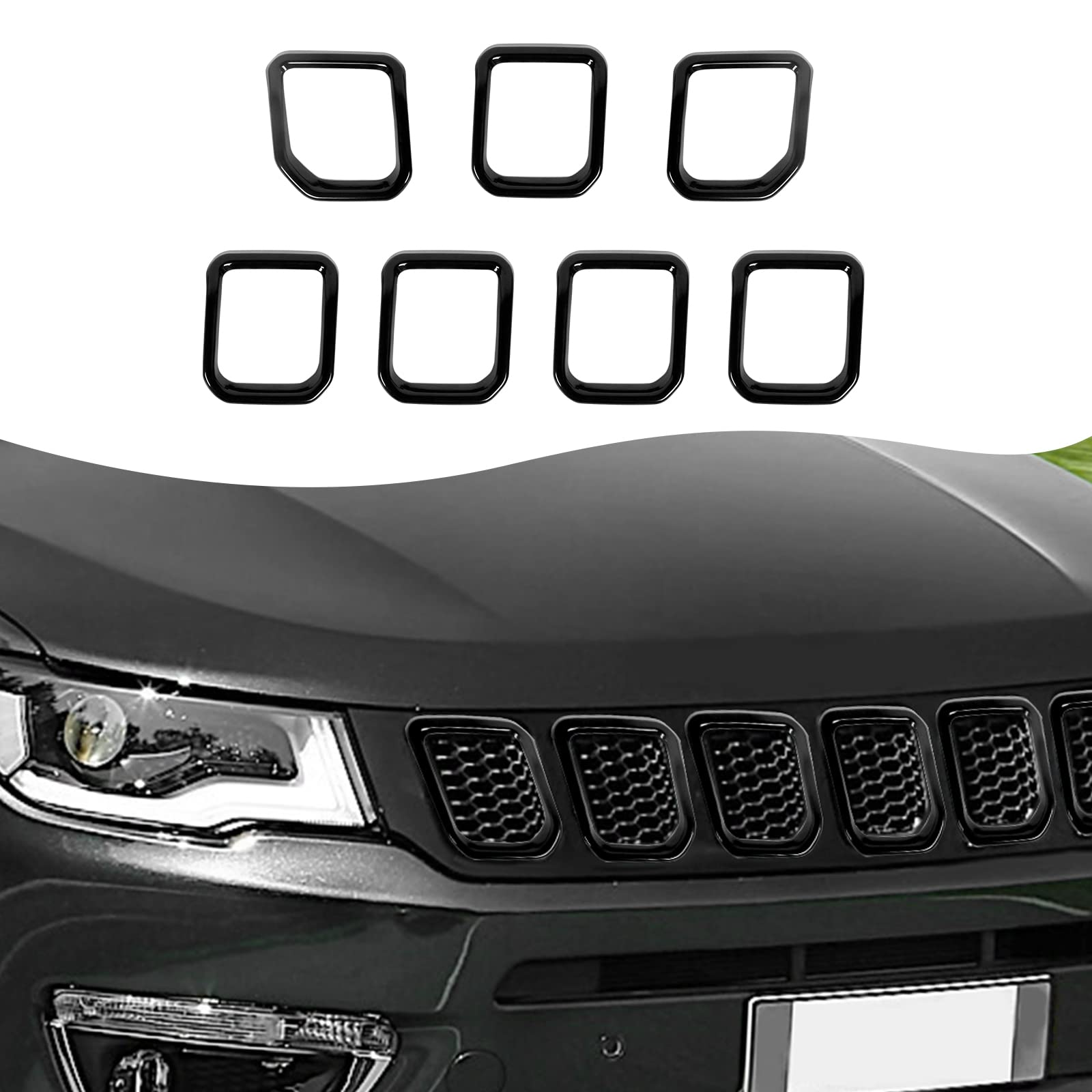 JeCar front view installed on Jeep Compass showing crisp black trim benefit