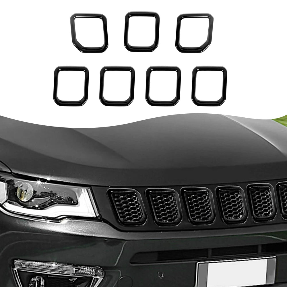 JeCar front view installed on Jeep Compass showing crisp black trim benefit