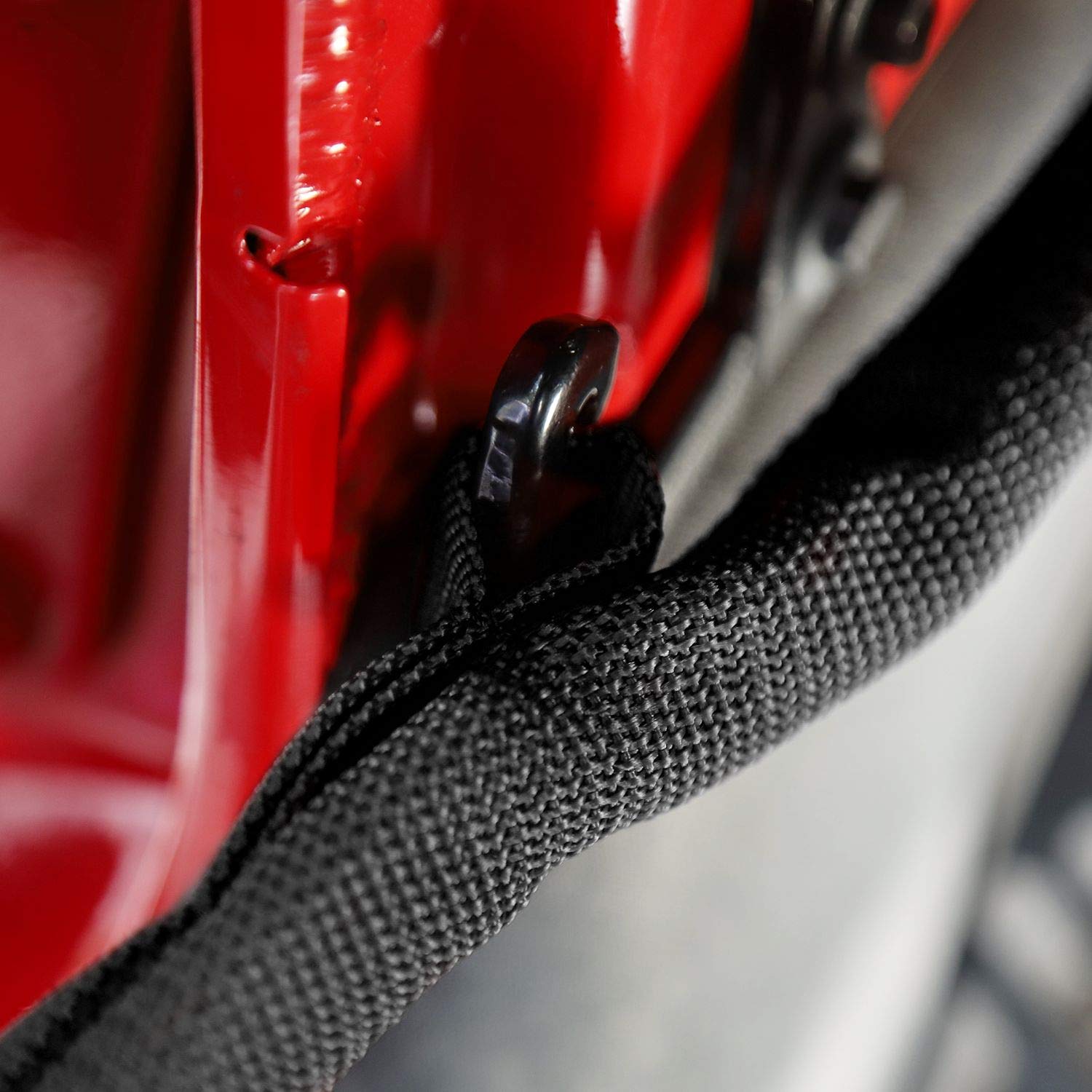 JeCar strap zipped around door wiring showing no-disconnect installation benefit