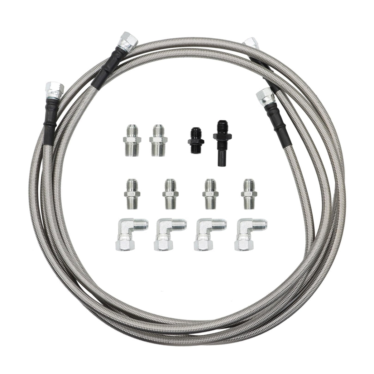 Jecoupoon front view of full 70 inch 6AN cooler hose kit showing complete set and fitment benefit
