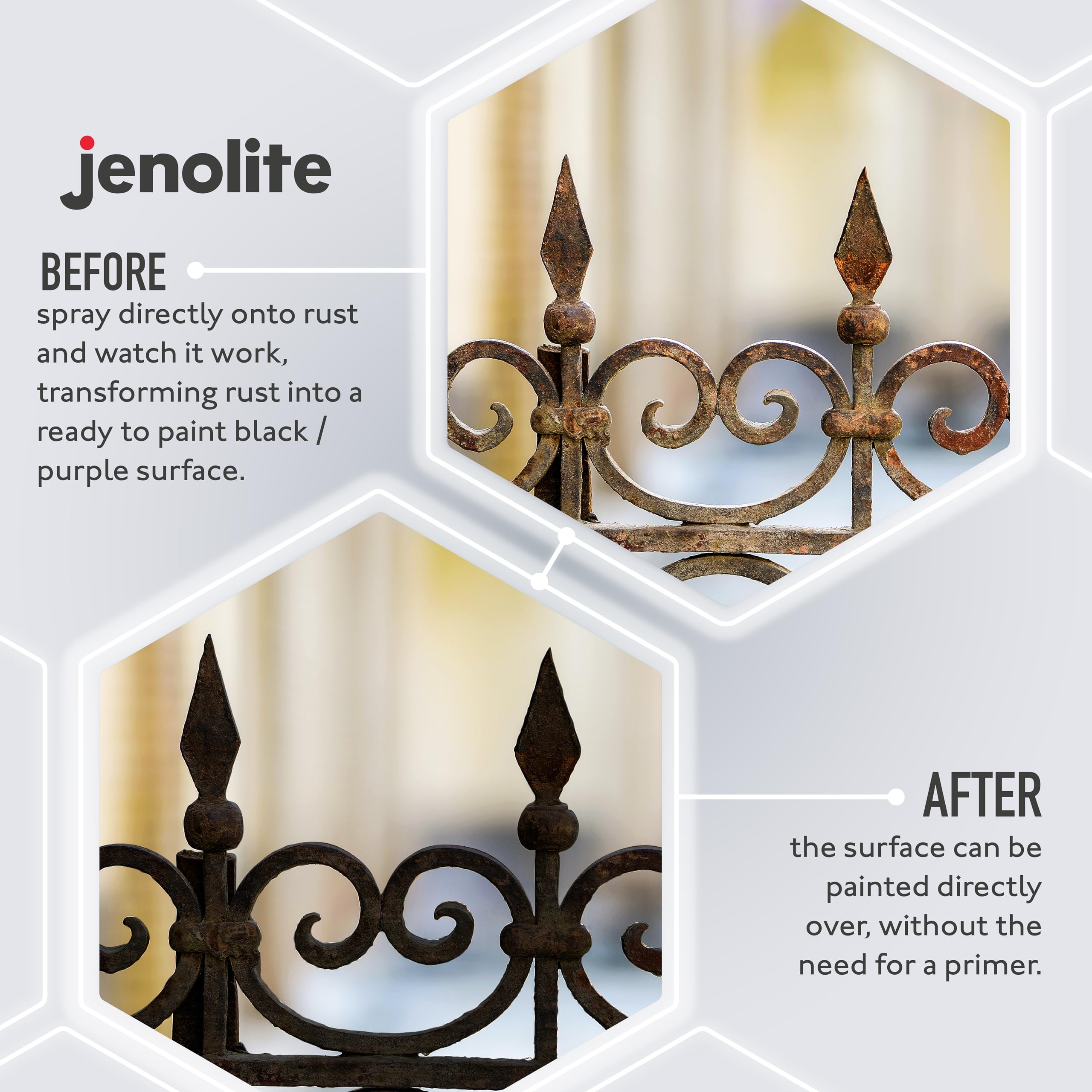 Side-by-side before and after treated rail section by JENOLITE, showing improvement