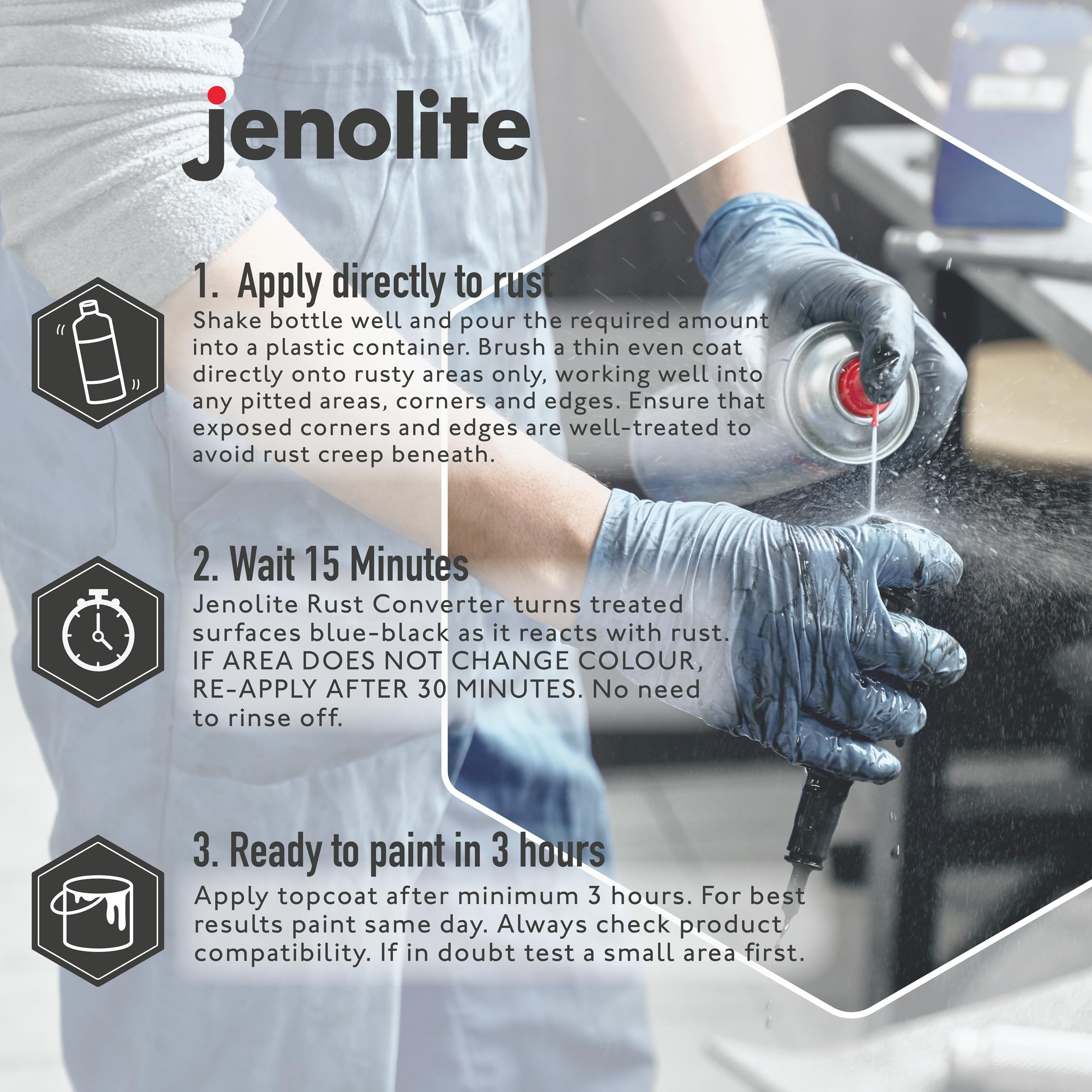 JENOLITE being brushed onto metal railing, showing quick coverage