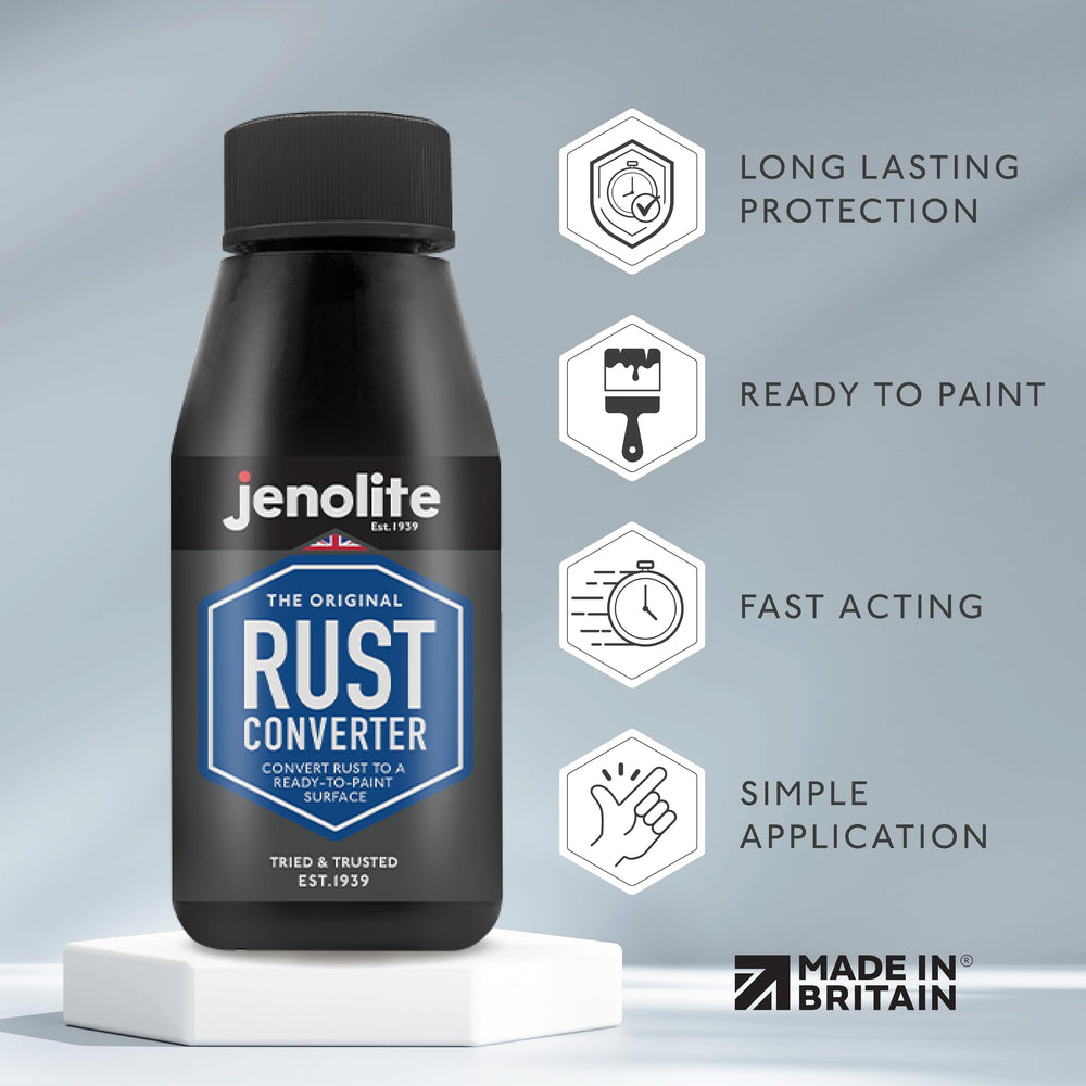 JENOLITE bottle open with liquid pouring, demonstrating easy application